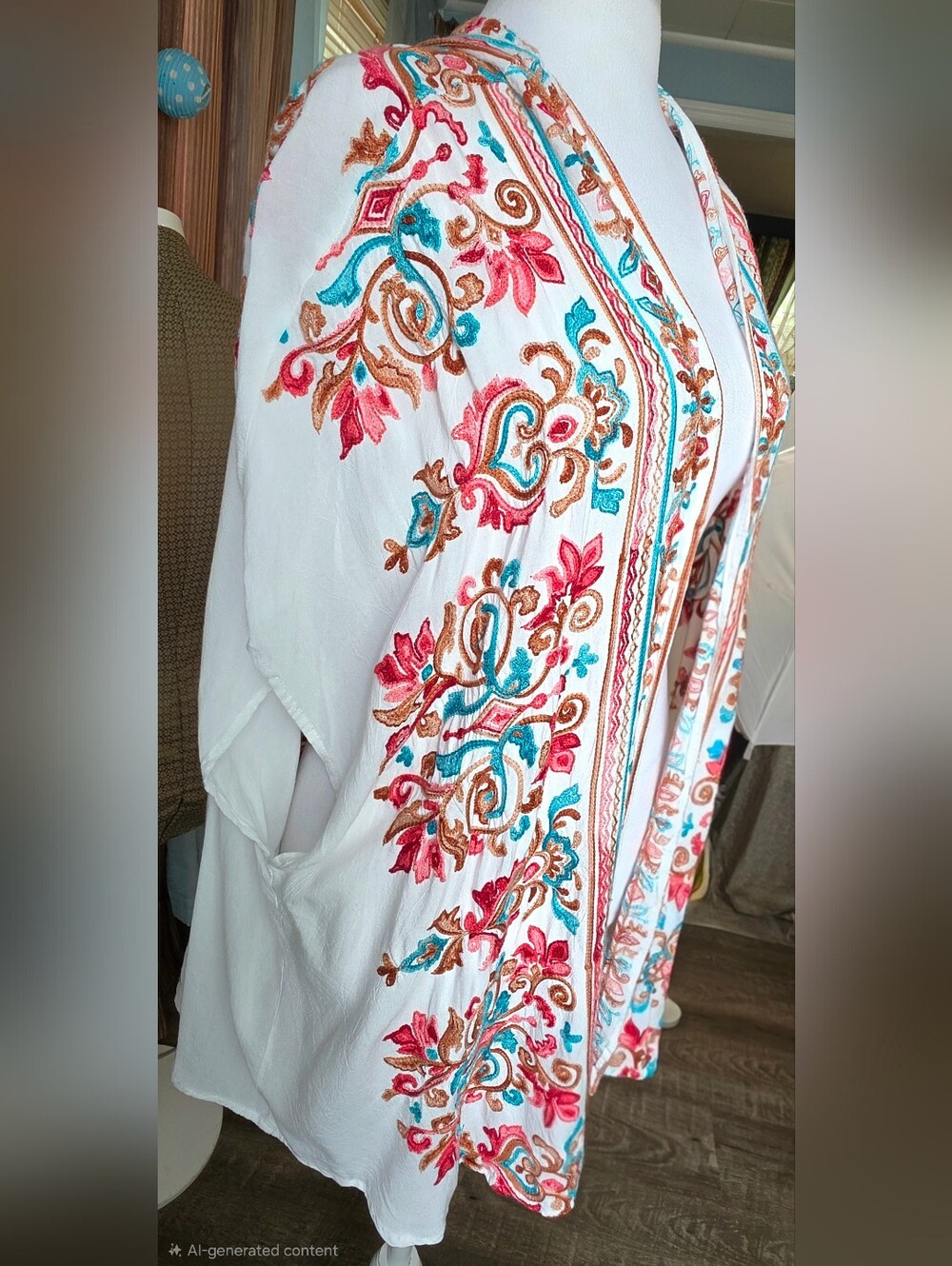Umgee Embroidered White Boho Kimono w Teal Coral Accents Womens S/M Coastal Beac